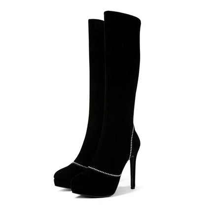 Knee High Crystal Design Stiletto Boots - BlacknevaR