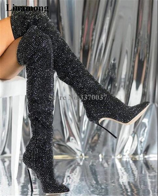 Rhinestone Glitter Thigh High Boots - BlacknevaR